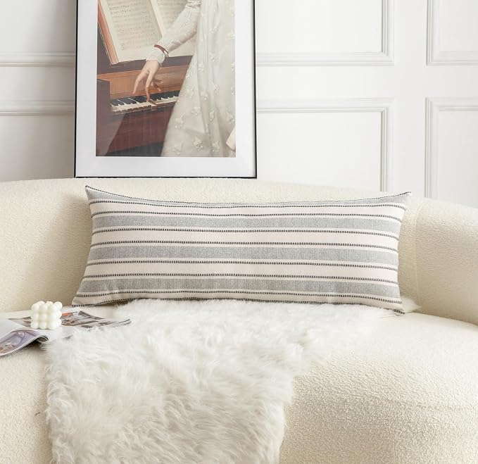 Cethom Decorative Boho Lumbar Pillow Covers, Modern Farmhouse Couch Pillowcase, 14 x 36 Long Accent Body Throw Pillow Covers, Sofa Bed Living Room Decor Cushion Case, Grey and Beige, Pack of 1