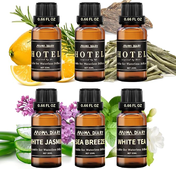 Essential Oil Set for Diffuser, 6x0.66fl oz Fragrance Oil Refill | Waterless Diffuser, Candle Making, Home Car Office Hotel, White Tea White Jasmine Sea Breeze, Aromatherapy Gift