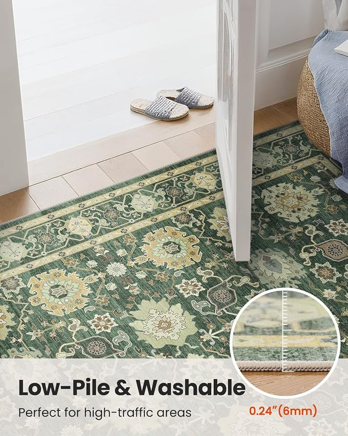 AMADA HOMEFURNISHING 2x3 Washable Entry Rug, Vintage Distress Print Pattern Carpet Small Rugs for Entryway Kitchen Bathroom Door Mat Indoor Entrance, Olive Green