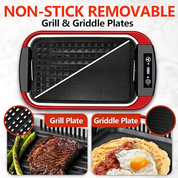 Indoor Grill, CUSIMAX Smokeless Grill Indoor, Electric Griddle, 1500W, Red | with Smart LED Display & Tempered Glass Lid, Non-stick Removable Plate & Griddle Plate, Adjustable Temperature, Easy Cleanup