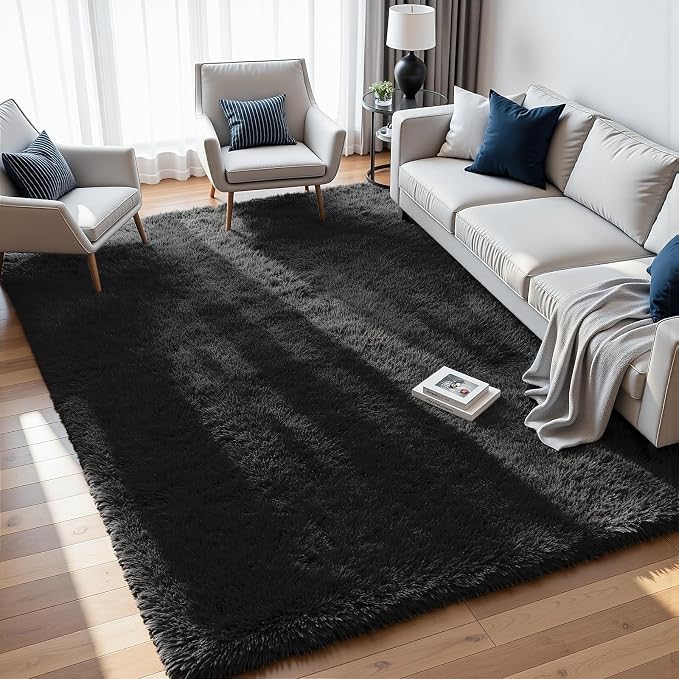 9x12 Area Rugs for Living Room Rug: Soft Fluffy Shag Black Rugs for Bedroom, Non-Slip Large Fuzzy Plush Rug Indoor Floor Carpet for Nursery Kids Boys Girls Room, Dorms, Playroom, Modern Home Decor