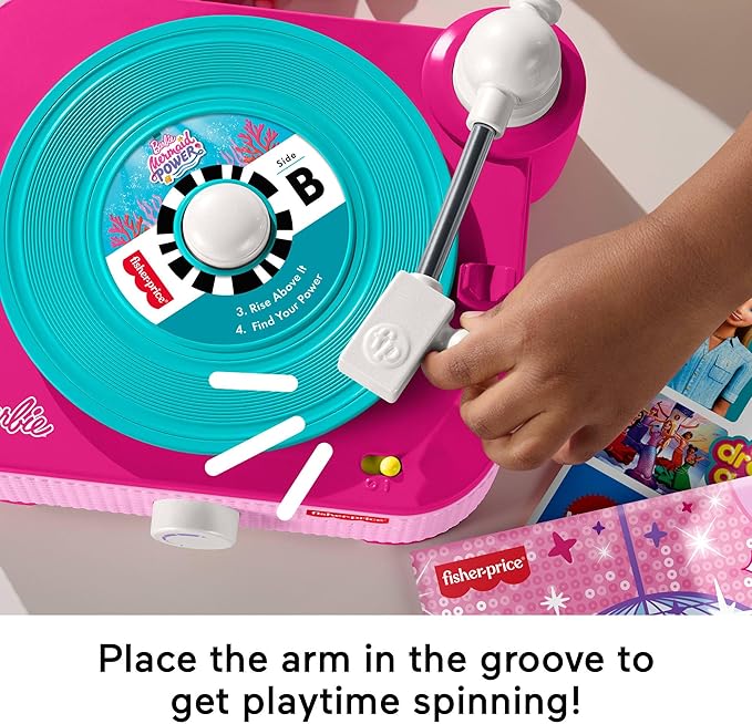 Fisher-Price Musical Toy Barbie Record Player with 5 Records & Display Rack for Preschool Pretend Play Kids Ages 3+ Years
