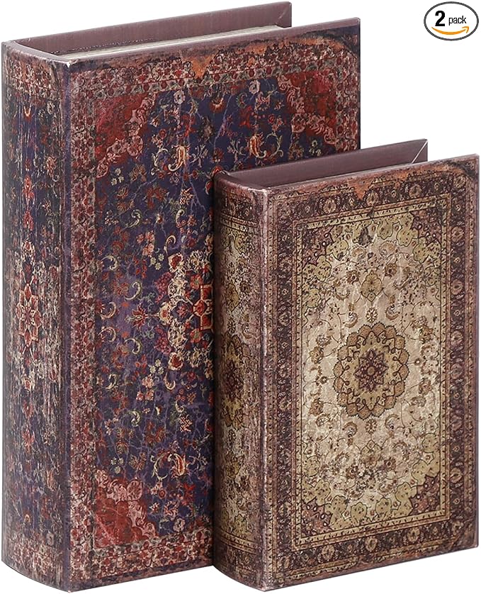 Decorative Wooden Book Box Set of 2 - Vintage Faux Book Boxes for Home Decor, Secret Storage with Magnetic Closure, Antique Style, Persian Rug Pattern Leather Cover, Perfect for Home Office Bookshelf
