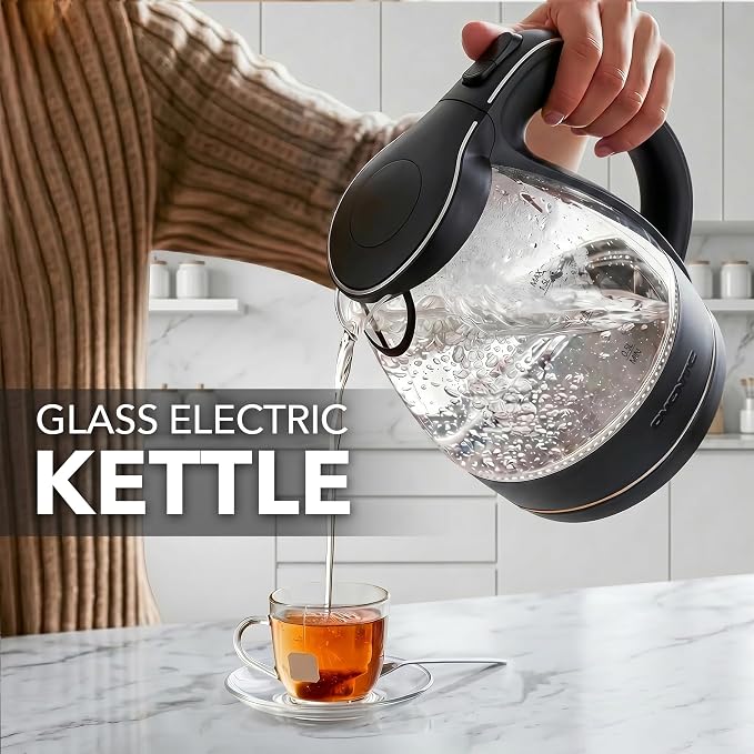 OVENTE Electric Kettle, 1.5L Borosilicate Glass Countertop Water Heater and Boiler for Coffee or Tea, BPA-Free, Auto Shut-Off, Boil-Dry Protection, Removable and Washable Spout Filter, Black KG83B