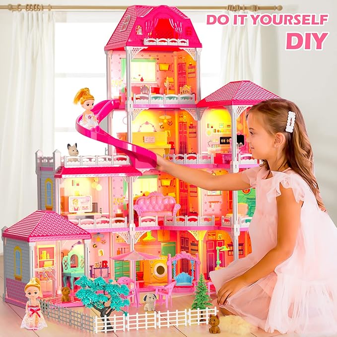 Dolls House for Girls Toys, 4 Stories 10 Rooms Dollshouse with 2 Princesses Slide Accessories, Playset for Toddler Playhouse Gift for for 3 4 5 6 7 8+ Year Old Girls Toys