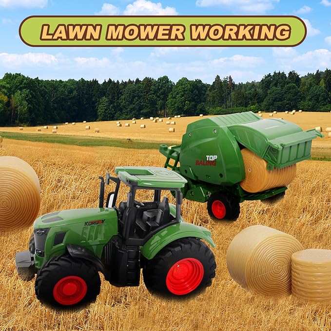 Farm Tractor Toys Set Bale Haying Round Baler with Barn, Farmer,Cow,Farm Tools,Tree Farm Tractor Pla yset for Kids Toddler Boys Girls Ages 3-7 Years