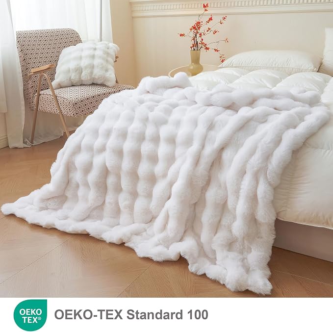LIFEREVO Luxury Fluffy Faux Rabbit Fur Throw Blanket 50x60, White | Plush Shaggy Bubble Blanket for Bed Couch Sofa Office, Decorative Soft Cute Furry Lap Throw for Kids Teens Adults, Washable