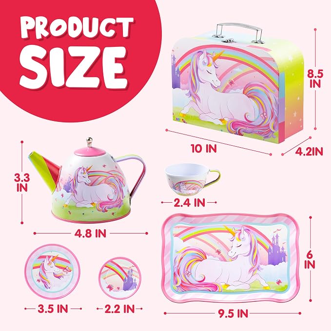JOYIN Unicorn Tea Party Set for Little Girls, Pretend Pink Tin Teapot Set, Princess Tea Time Play Kitchen Toy with Teapot, Cup, Plate, Carrying Case for Kids Toddlers Age 3 4 5 6, Easter Birthday Gift