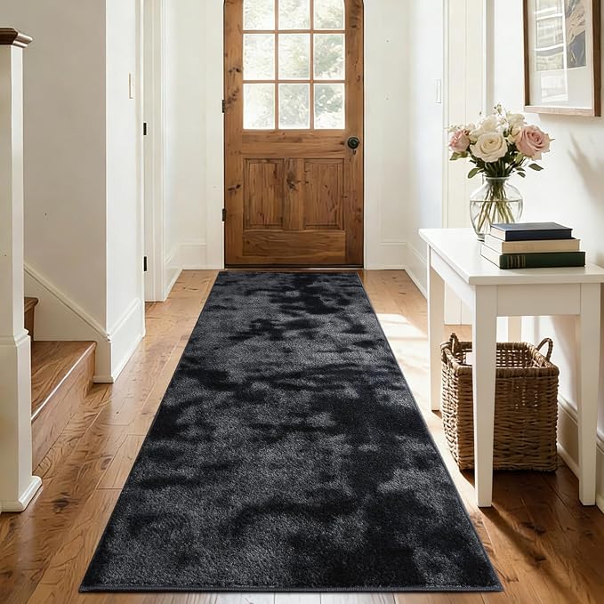 FinRèc 2x8 Washable Runner Rugs for Kitchen Hallway Bedroom, Low Pile Thin Ultra Soft Shag Rug, Non-Slip Carpet Indoor for Home Decor (Tie-dye Dark Grey)
