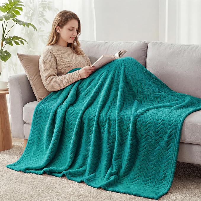 Exclusivo Mezcla Large Fleece Throw Blanket for Couch, Sofa, Teal | 50"x70" Soft Breathable Lightweight Flannel Throws for Summer, Plush Cozy Jacquard Wave Blanket for Home Decor