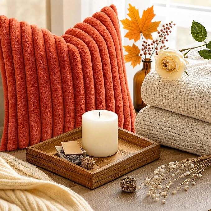 decorUhome Fall Faux Fur Throw Pillow Covers 26x26 Set of 2 Rust | Decorative Soft Cozy Striped Plush Modern Farmhouse Boho Couch Pillow Cases Velvet Back for Sofa Bed Living Room Home Decor