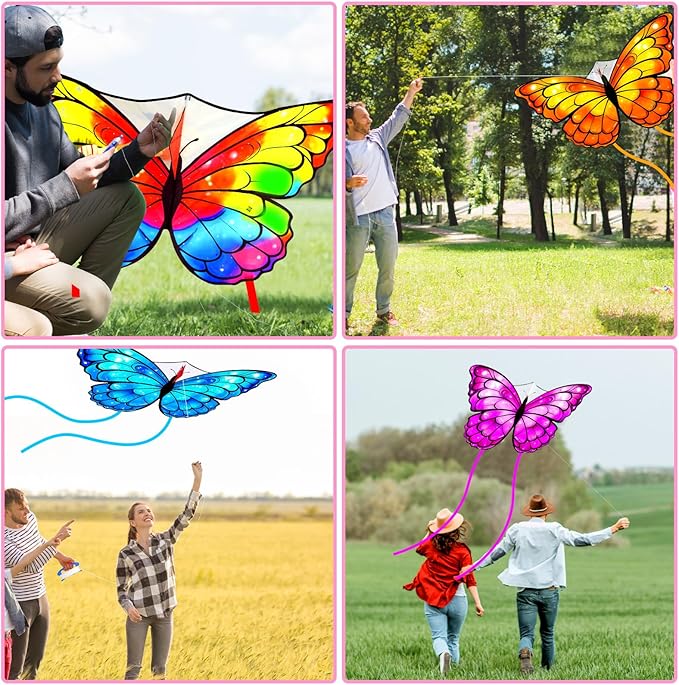 Silipull 6 Pcs Kites Butterfly Kite 55" x 28" Large Kites with 328ft String Colorful Beach Kite for Adults Beginner Outdoor Supplies