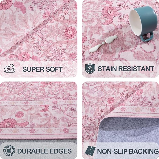 Vintage Pink Living Room Rug, 9x12 Washable Area Rugs for Dining Room Under Table, Soft Low Pile Large Carpet Bedroom, Non-Slip Boho Floral (9 x 12 Pink)