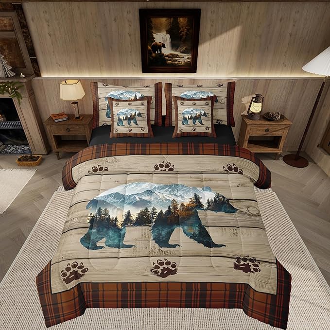 Feelyou Rustic Bear Comforter Set with Sheets Wild Animal Bear King Size 7 Piece Bedding Set Kids Boys Girls Hunting Theme Bed in a Bag Rustic Cabin Country Room Decor