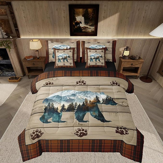 Feelyou Rustic Bear Comforter Set with Sheets Wild Animal Bear King Size 7 Piece Bedding Set Kids Boys Girls Hunting Theme Bed in a Bag Rustic Cabin Country Room Decor