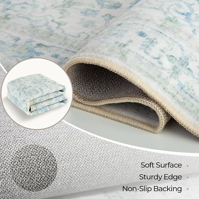 CAPALOCA 7x9 Washable Nursery Girls Low Pile Area Rug Green Blue | Non-Slip Soft Rugs for Bedroom Kids Playroom Living Room, Print Pattern Water Repellent Carpet Indoor Decor
