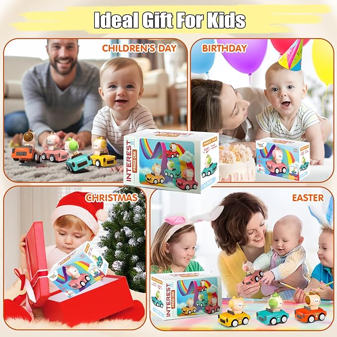 Press to Go Friction Inertia Car, Animal Toddler Toy Cars 1-3, Infant 6-9-12-18 Month Play Figure Vehicle Set, 1st Birthday Valentine's Day Gift for 1-2 Year Old Boy Girl