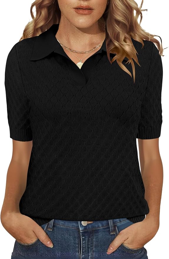 Rapbin Womens Short Sleeve Knit Polo Shirts Summer Spring Sweater Tops | Classic V Neck Collared Shirts Lightweight Business Casual Basic Fashion Pullover Polo Sweater for Work Formal Daily Wear