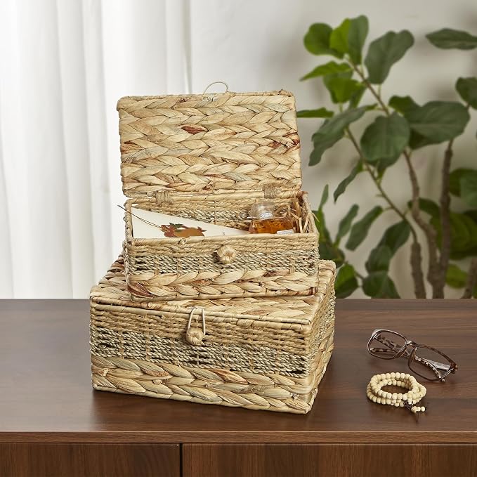 2PCS Wicker Storage Baskets with Lids Decorative Rattan Boxes | Handmade Natural Boho Woven Bins, Water Hyacinth Seagrass Paper Rope, Memory Keepsake Photo Makeup Container, Shelf Organizer