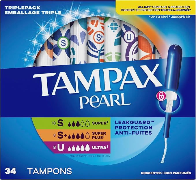Tampax Pearl Tampons Trio Pack, Super/Super Plus/Ultra Absorbency with BPA-Free Plastic Applicator and LeakGuard Braid, Unscented, Blue, 34 Count (Pack of 2)