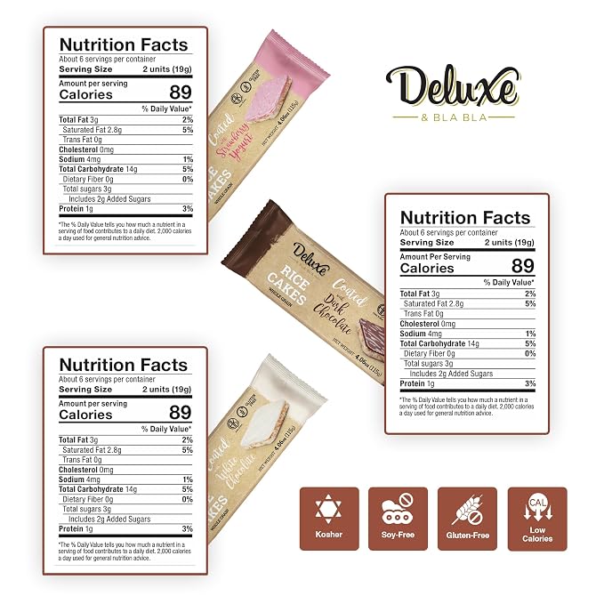 Deluxe & Bla Bla Thin and Crispy Strawberry Yogurt Chocolate Rice Cakes, Kosher Certified Dairy, Gluten Free, Nuts Free Snack (Pack of 3, Mix)