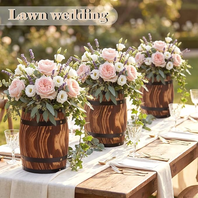 2Pcs Ippoulas Wooden Wine Barrel Planters 8" x 6.5" - Set of Rustic Wood Vases for Flowers, Centerpieces Decor | Wine Barrel Wedding, Party, Home Decoration