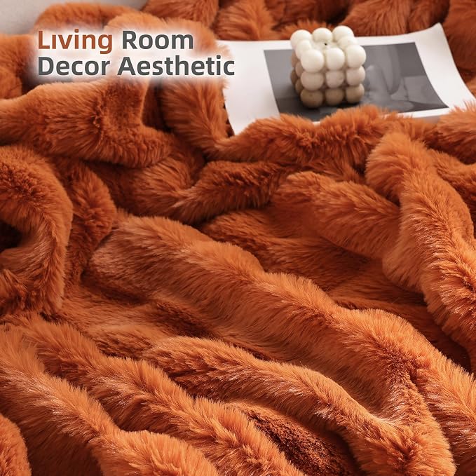 Faux Fur Fall Throw for Couch - Burnt Orange Bubble Blanket 60"x80" | Fluffy Plush Fuzzy Throw for Sofa & Bed, Super Soft Cozy Comfrt Blanket, Luxury Aesthetic Burnt Orange Decor Gift for Women