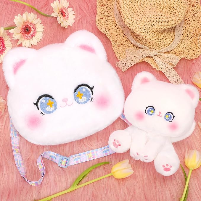 Cat Plush Toys and Purse Set for Kids,Cat Stuffed Toy Kids with Cute Zipper Crossbody Bag, Soft Stuffed Cat Toys Set Birthday Party Favors for Toddlers Kids