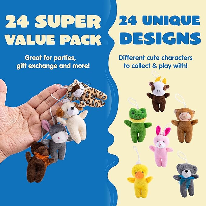 JOYIN 24 Pcs Mini Animal Plush Toys, 3” Stuffed Animal Bulk for Kids Birthday Party Favors, Presents, Pinata Fillers, Goodie Bag Fillers, School Prizes, Halloween Goodie Bags