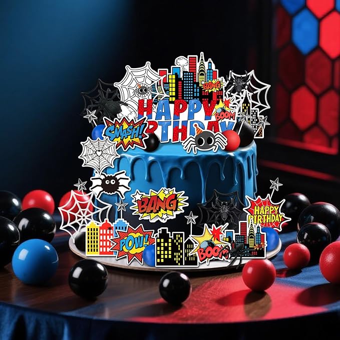 41 PCS Superhero Cake Topper - Happy Birthday Decorations for Hero Themed Party Supplies - City Cake Decor (red)