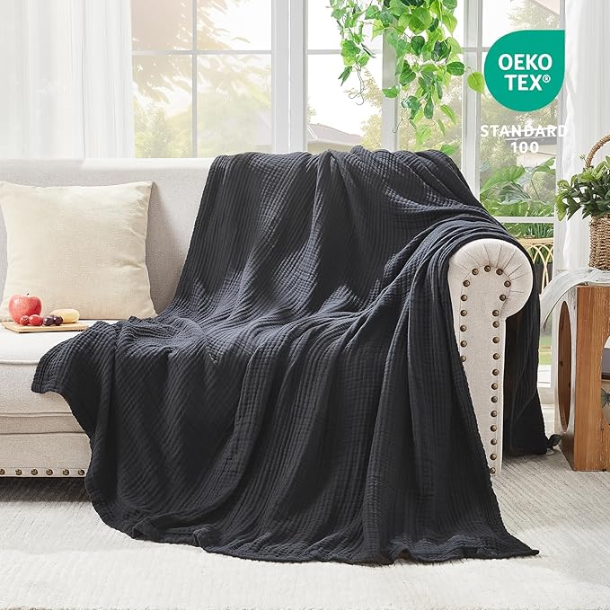 EMME Muslin Blankets for Adults Throw Blanket for Couch Breathable Gauze Soft Lightweight Airy Black Twin XL 66" x 90"