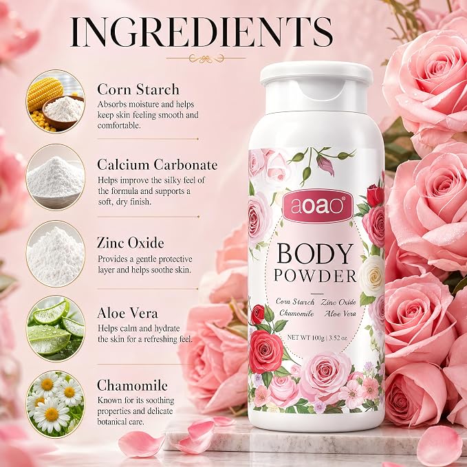 AOAO Women's Body Powder, Talc-Free Cashmere Dusting Powder for Women, Anti-Sweat & Chafing for Underarms & Skin Folds, Soothe with Aloe, Protect Zinc Oxide, Ladies Body Powder Daily Care, 3.53oz