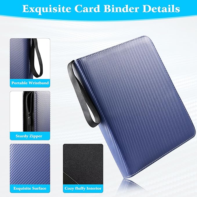 WOT I 900 Pockets Trading Card Binder, Baseball Card Binder Sleeves with Zipper, Double Sided Pockets Card Holder Carry Card Case for Baseball Card, Football Card(Dark Blue)