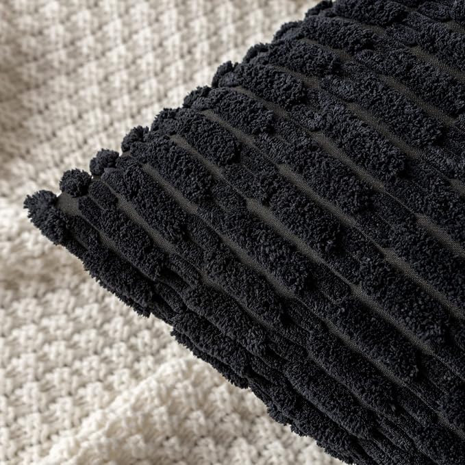MIULEE Lumbar Corduroy Decorative Throw Pillow Covers 12x20 Black Pack of 2 | Soft Boho Striped Pillow Covers Modern Farmhouse Home Decor For Sofa Living Room Couch Bed