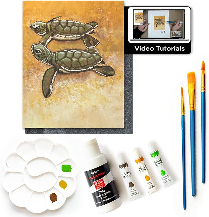 Painting4Real DIY Painting Class Kit for Adults with Video Tutorials: Learn to Paint Turtles – How to Paint with Acrylics – Painting & Art Supplies – 9 Piece Acrylic Paint Set