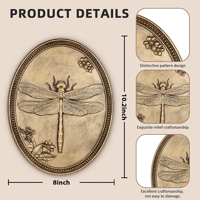 Vintage Dragonfly Wall Sculpture, Antique Wall Decor, Gold Wall Art, Hanging Decoration with Embossed Dragonfly Design, Vintage Decoration for Living Room Bedroom and Hallway, Housewarming Gift
