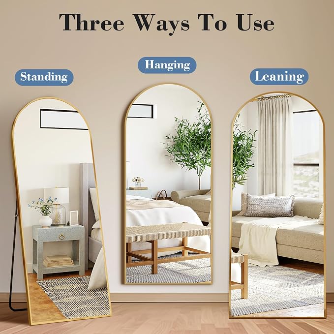 DUMOS 59"x16" Arched Full Length Floor Mirror, Full Body Standing Mirror with Aluminum Frame, Shatter-Proof Nano Glass for Modern Simple Home Decor, Hanging or Leaning, Gold
