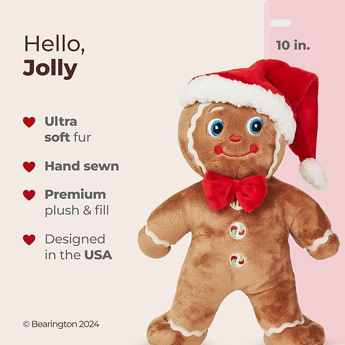 Bearington Jolly Ginger Gingerbread Man Plush, Gingerbread Toys, 10 Inch Christmas Stuffed Animal, Ideal Holiday Stuffed Animals Gift for Toddlers, Kids & Teens, for Ages 3-14