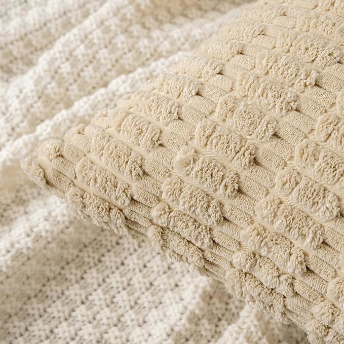 MIULEE Corduroy Decorative Throw Pillow Covers 20x20 Tan Pack of 2 | Soft Neutral Boho Striped Pillow Covers Modern Farmhouse Home Decor For Sofa Living Room Couch Bed