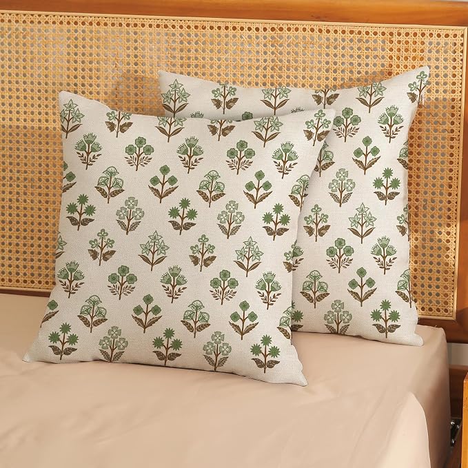 Farmhouse Floral Block Print Pillow Covers 18x18 Set of 2, Vintage Rustic Decorative Throw Pillows Modern Flower Cushion Covers for Sofa Couch Bed Living Room Home Decor, Sage Green Brown
