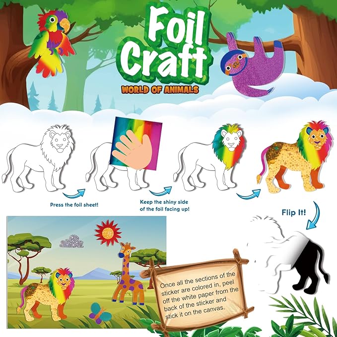 AWHETIE Animals Foil Craft for Kids,No Mess Arts Creative Activity Toys Art and Crafts for Kids,Birthday Gifts Crafts for Girls&Boys Ages 4, 5, 6, 7, 8, 9