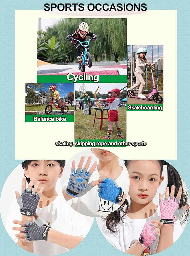 Kids Fingerless Cycling Gloves Non-Slip Bike Gloves for Youth Girls Boys 3-14T, Breathable Gloves for Skating Scooter