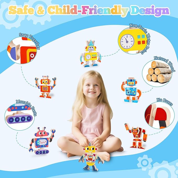 ATOYUS Wooden Robot Building Blocks Toys, STEM Montessori Preschool Toys for 3+ Year Old Toddlers, 35 Pcs Snap Together Take Apart Toy Playset for Kids Ages 3-5, Boys Girls Christmas Birthday Gifts
