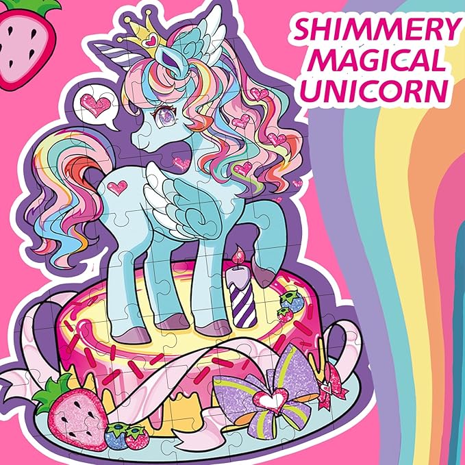 Large Shimmery Unicorn Floor Puzzle for Kids Ages 4-8, 45+ Pieces Large Jigsaw Puzzle for Kids&Toddler Ages 3 4 5 6 7 8, Educational Puzzels Unicorn Toys for Girls Unicorn Christmas Birthday Gift