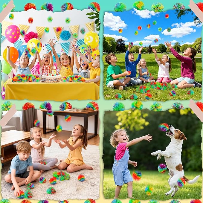 14PCS Stringy Balls, Sensory Stringy Ball, 2.75 inch Soft Rainbow Pom Bouncy, Stocking Stuffers for Kids, Monkey Pom Balls Fidget Toys Stress Ball, Birthday Gifts for Boys Girls Ages 3+