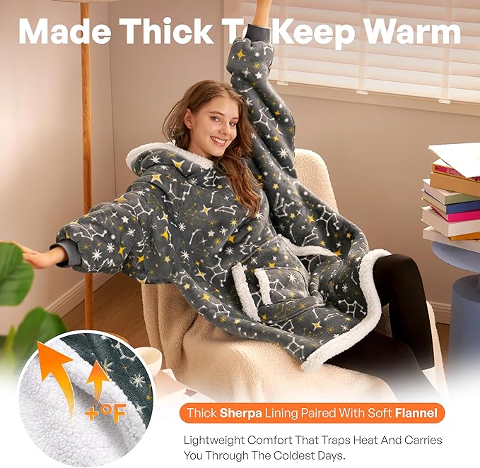 Giggling Getup Wearable Blanket Hoodie for Adults Gifts for Teen Girls Sister Women Sherpa Fleece Printed Hooded Blanket Sweatshirt Warm Cozy with Pocket & Sleeves Grey Glowing Stars