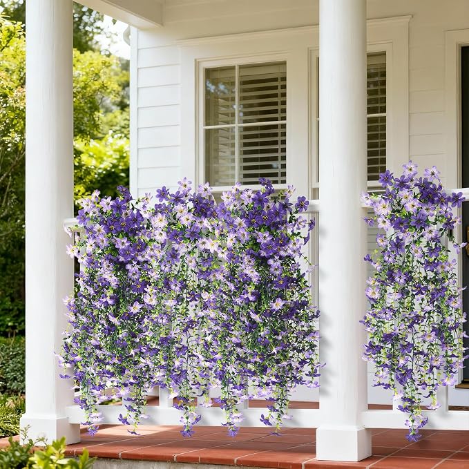 Artificial Fake Hanging Flowers Plants for Outdoor Spring Summer Decoration | 2 PCS Faux Silk Daisy with Eucalyptus Leaves,UV Resistant Look Real for Outside Home Planter Porch Patio Balcony Yard Decor