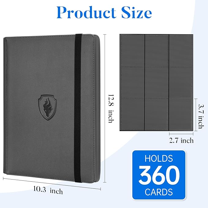 Premium 9 Pocket Card Binder for 360 Cards, Fabmaker PU Cover Trading Card Binder, Sturdy Card Collection Album, Sleek Card Holder Folders for Game Cards & Sports Cards, Grey