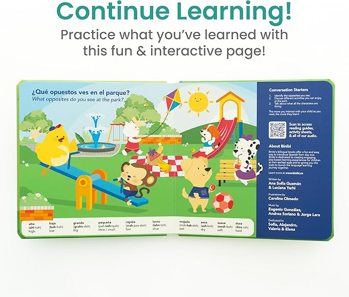 Binibi Spanish Musical Book for Babies & Toddlers 1-3 | Opuestos en el Parque | Bilingual Sound Book