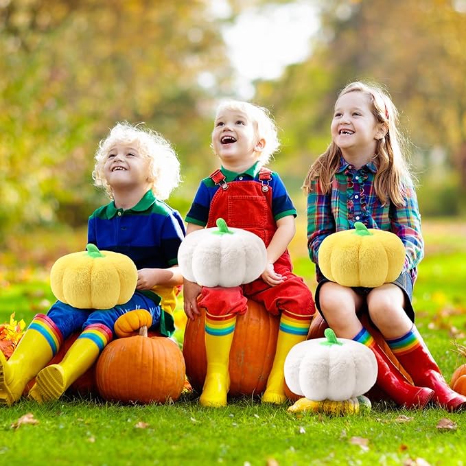 4 Pcs Pumpkin Pillows Fall Halloween Pumpkin Stuffed Animals Rabbit Hair Plush Toys Fluffy Thanksgiving Decor Throw Pillows Gifts for Kids for Home Bedroom Sofa Couch(White,Yellow)